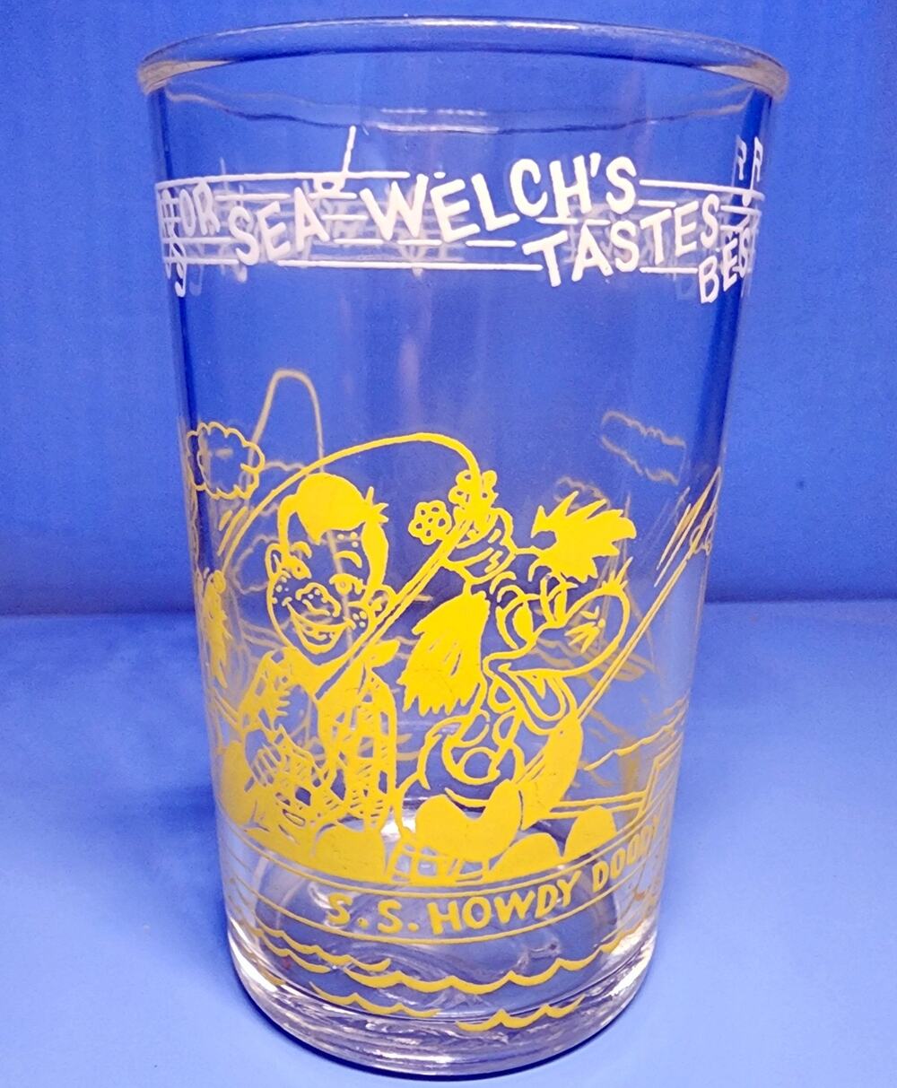 1953 Howdy Doody Welch's Juice Glass Mr Bluster Clarabell Fishing FLAW READ